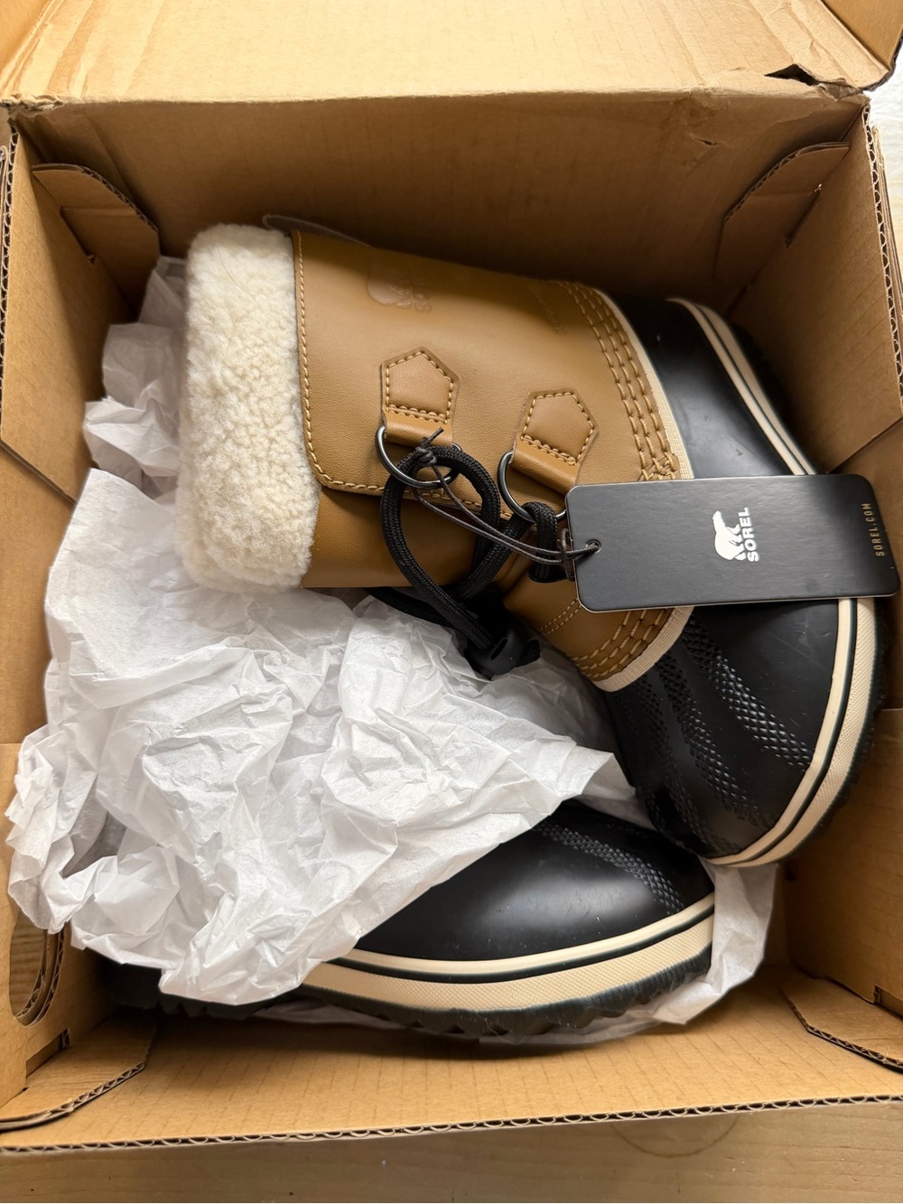 Sorel Kids Waterproof Winter Boot - Black & Tan with Cream Collar